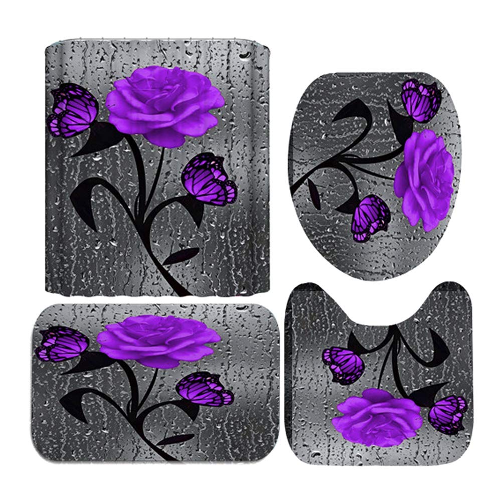 Set dus baie 4 piese: perdea, covorase si husa de toaleta, Purple Rose - 1 | YEO