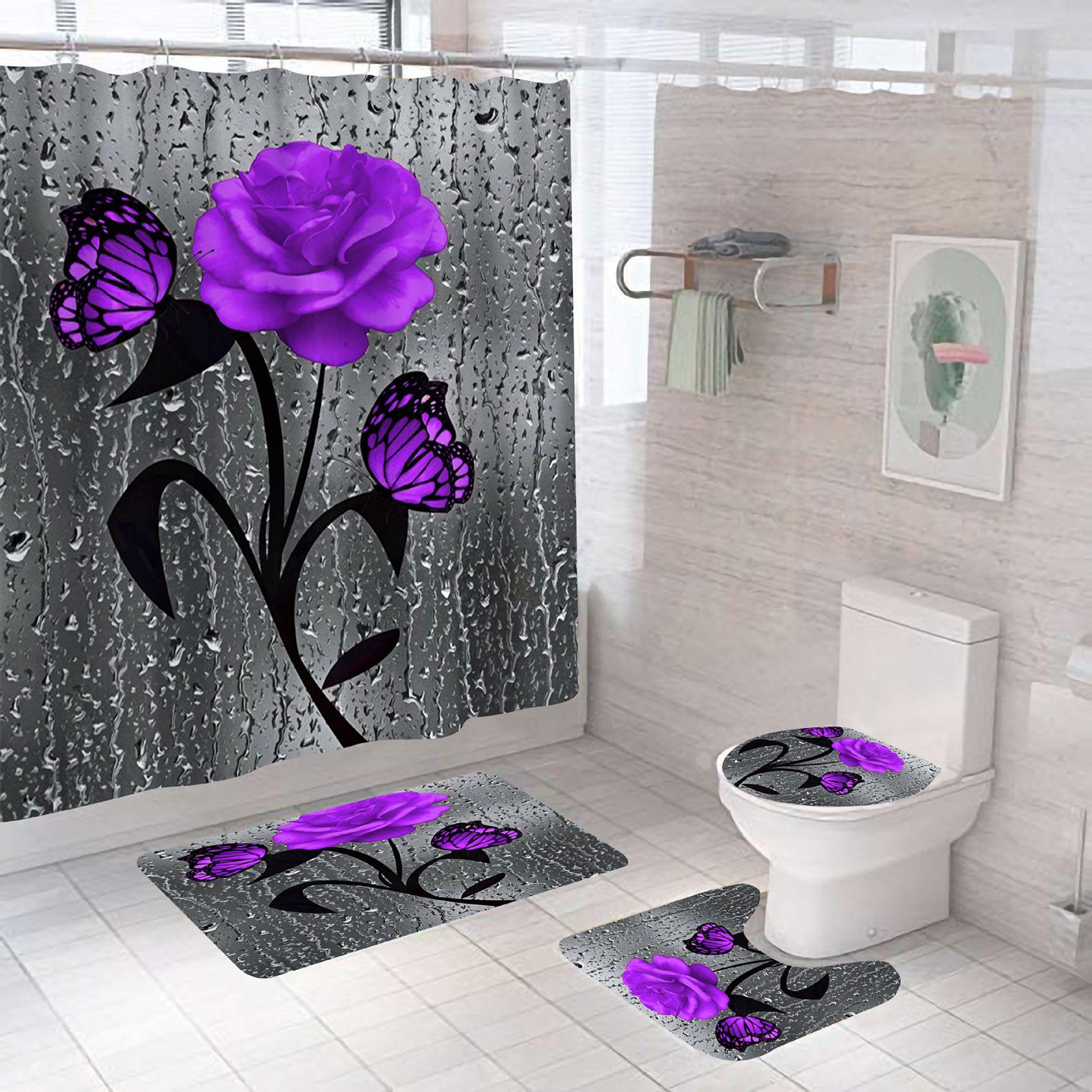 Set dus baie 4 piese: perdea, covorase si husa de toaleta, Purple Rose