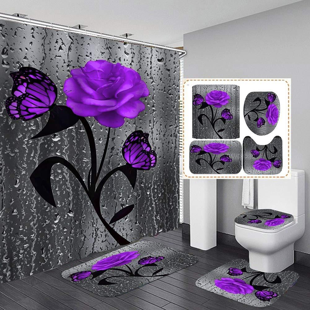 Set dus baie 4 piese: perdea, covorase si husa de toaleta, Purple Rose - 2 | YEO