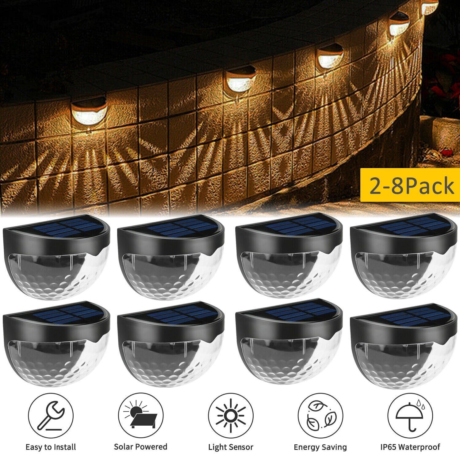 Set 8 x lampa solara exterior, 6 led, senzor, lumina rece, negru