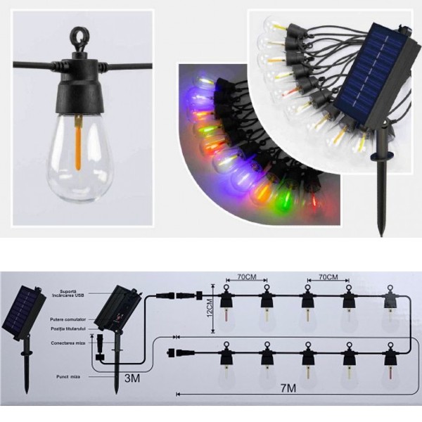 Ghirlanda solara Soleil, 10 M, 10 becuri, Alb cald + Multicolor