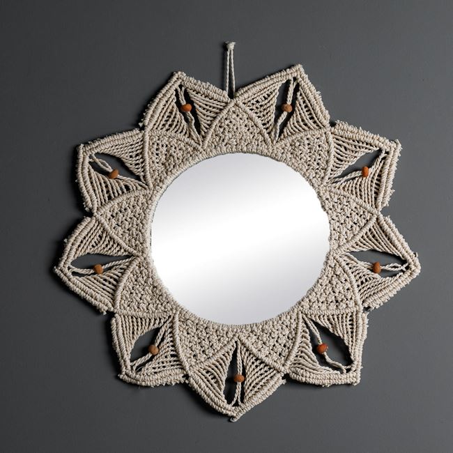 Oglinda rotunda, model Macrame, Bej, 58 cm