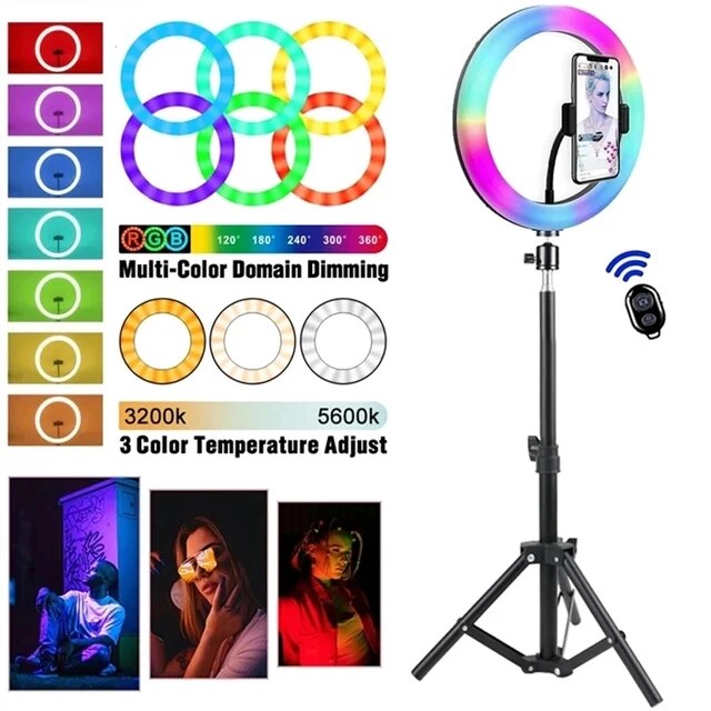 Lampa circulara Color 30 cm, Ring Light LED RGB, Trepied 210 cm