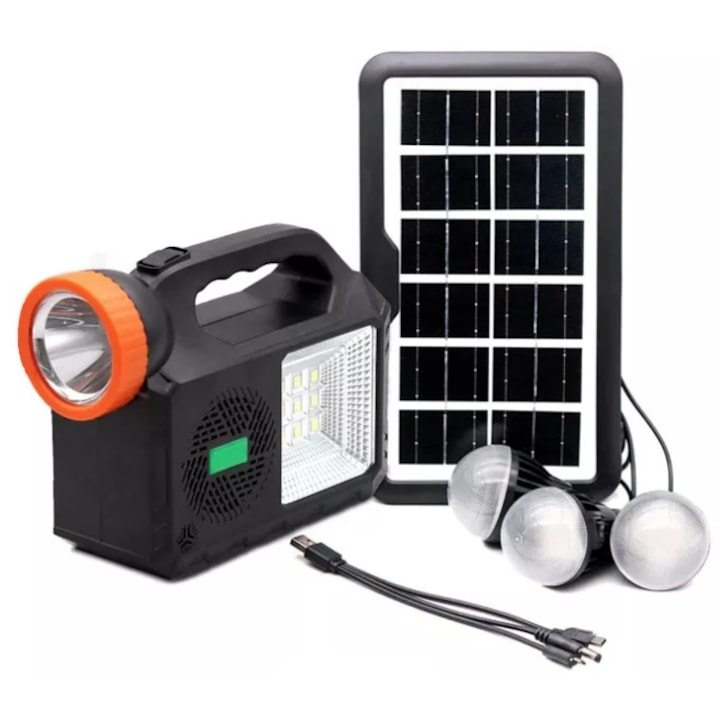 Kit solar iluminare cu 3 becuri, boxa Bluetooth, Radio, 80 W