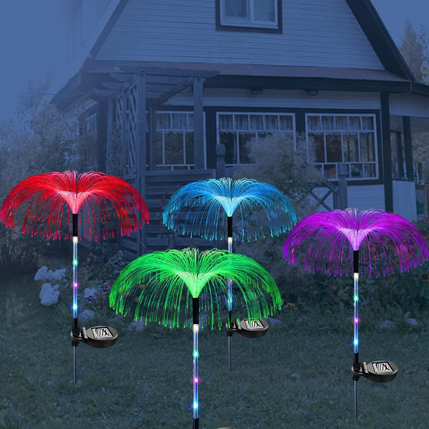 Set 4 x Lampa solara tip meduza, fibra optica LED RGB