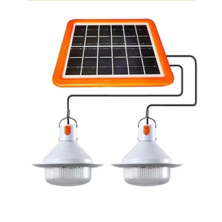 Lampa solara LED cu 2 becuri, pentru camping