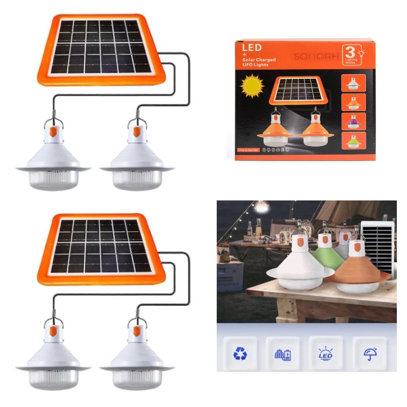 Set 2 x Lampa solara LED cu 2 becuri, pentru camping