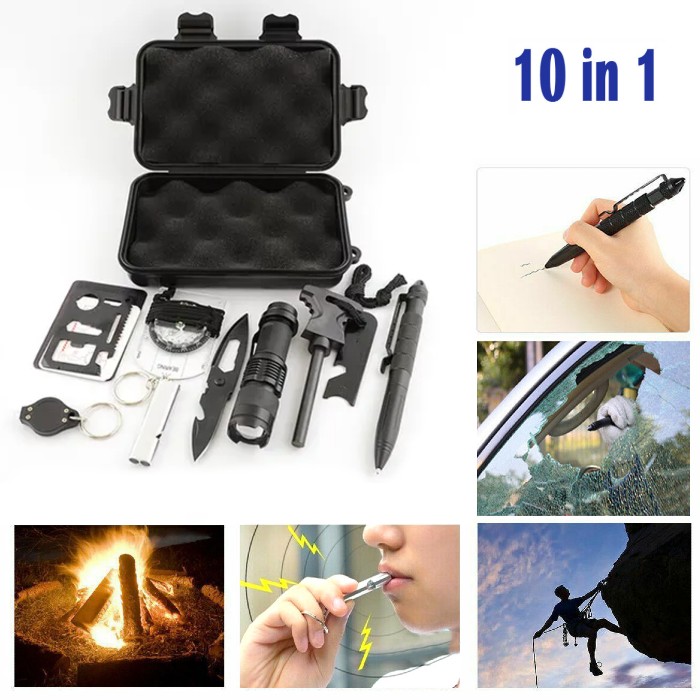 Kit multifunctional 10 in 1, pentru drumetii, vanatoare, pescuit, camping