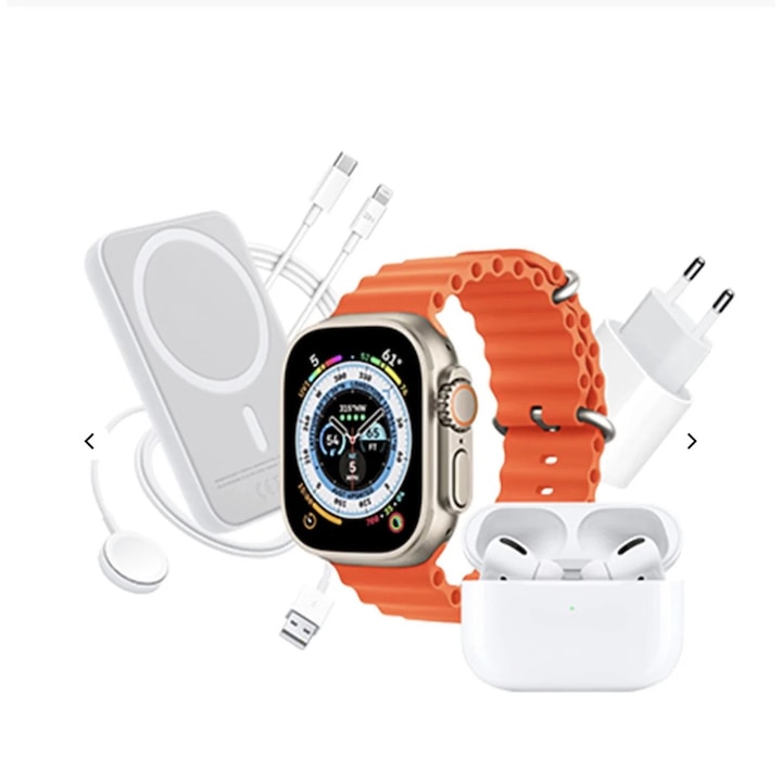 Set Smartwatch X8, Casti In-Ear Wireless, Incarcator, Cabluri, Baterie externa
