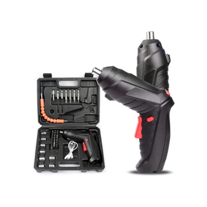 Surubelnita electrica cu acumulator, trusa 47 piese, LED, Negru