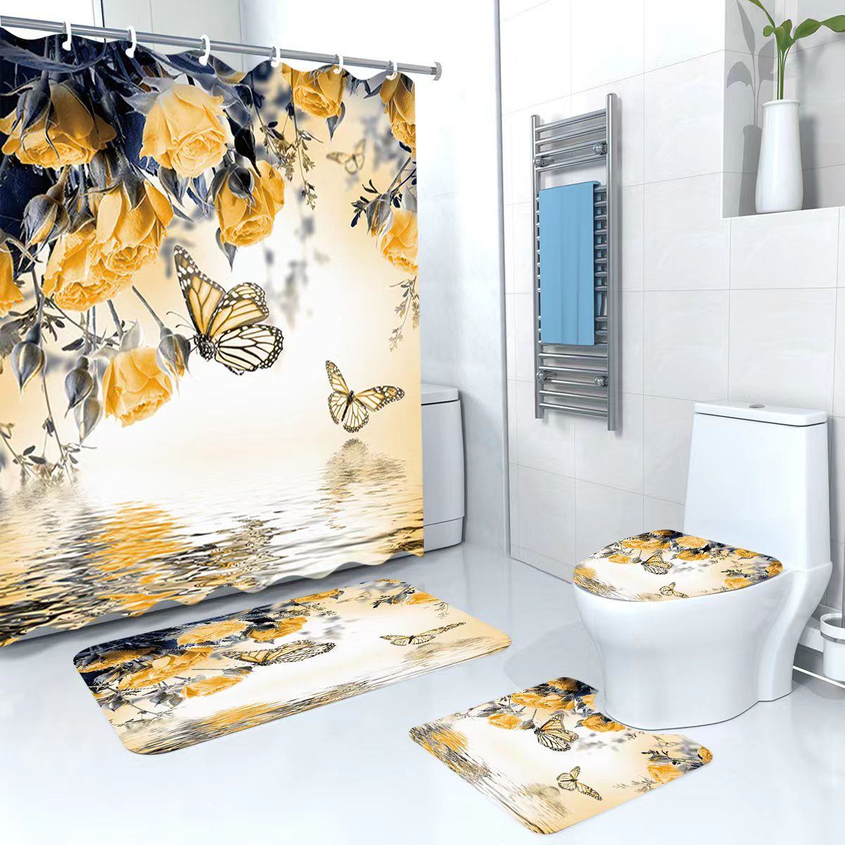 Set baie 4 piese: perdea, covorase si husa de toaleta, Yellow Decor