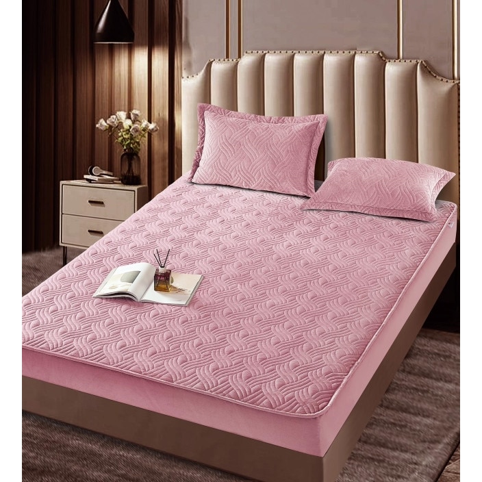 Set husa cu elastic pentru pat, 3 piese, catifea, 180×200 cm, Roz