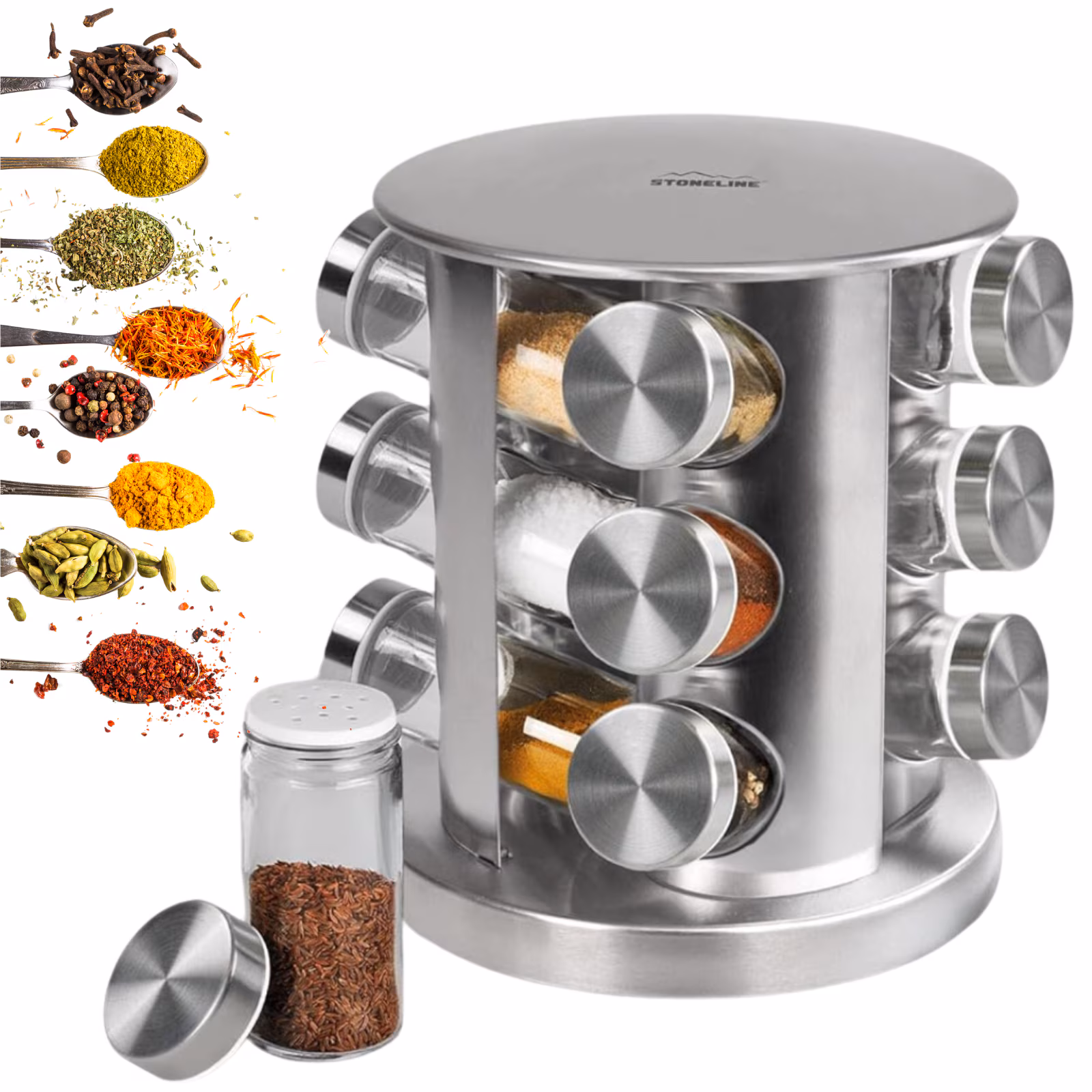 Set 12 recipiente condimente cu suport rotativ, Argintiu