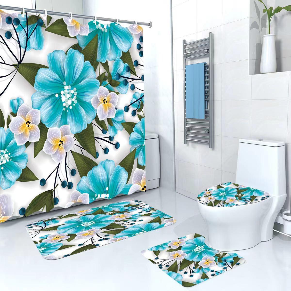 Set pentru baie: perdea, covorase si husa de toaleta, Blue Flowers