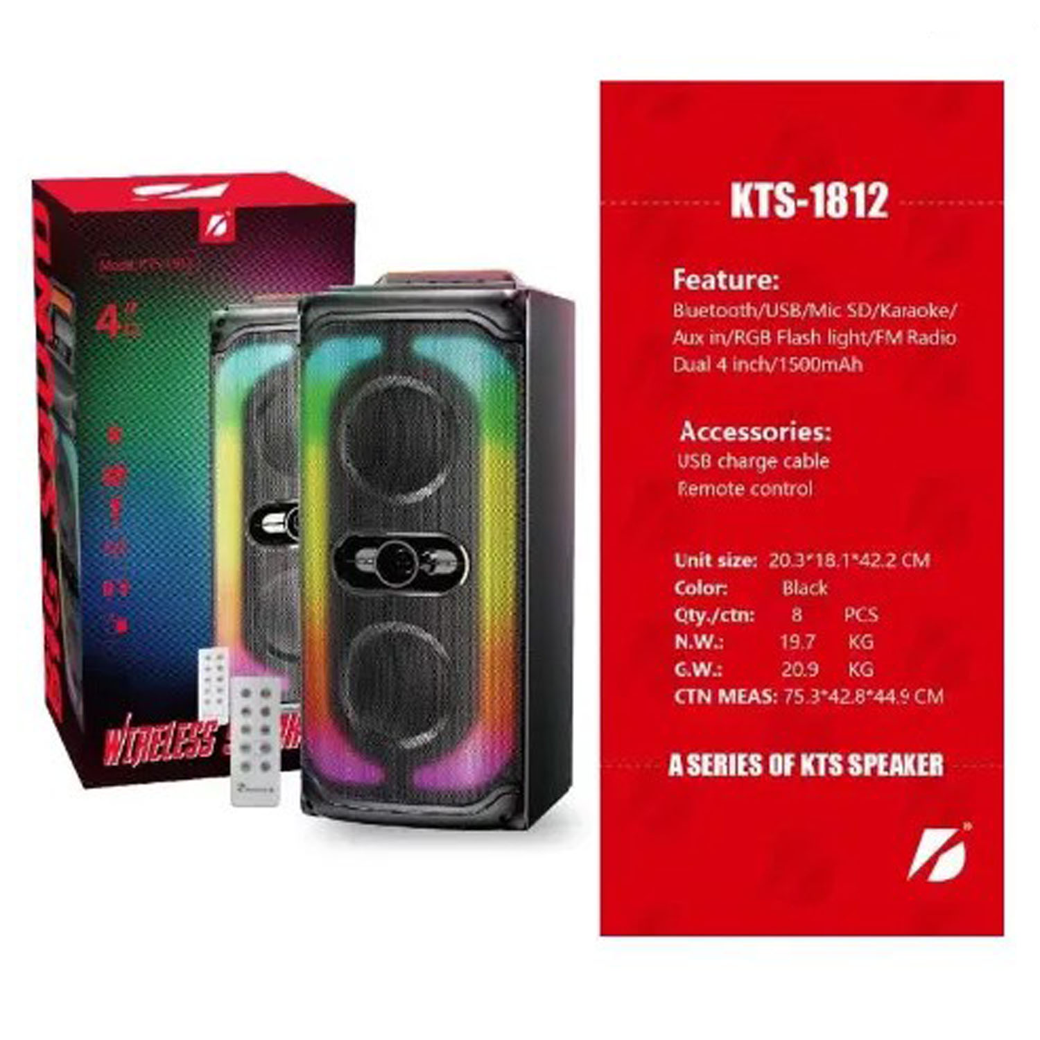 Boxa Bluetooth KTS 1812, Stereo, Lumini LED, Telecomanda