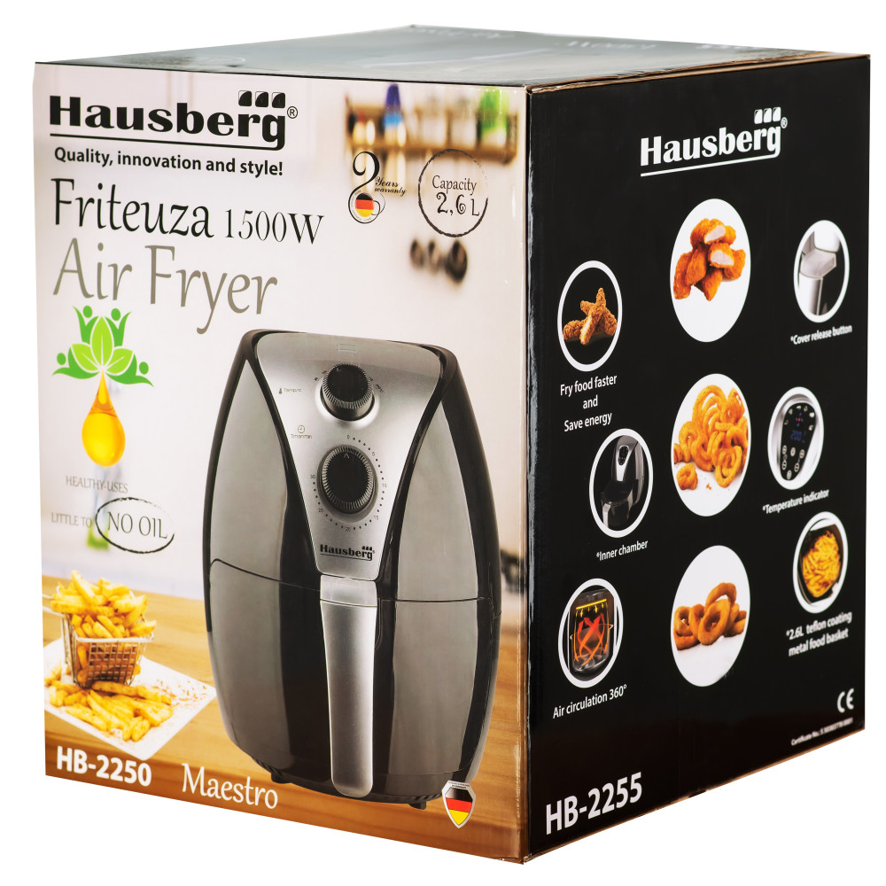 Friteuza Air Fryer Hausberg HB 2250, 1500 W, 2.6 L, Timer, Argintiu/Negru