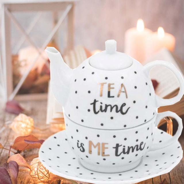 Set Dots Tea Time, ceainic cu farfurioara si capac, din portelan