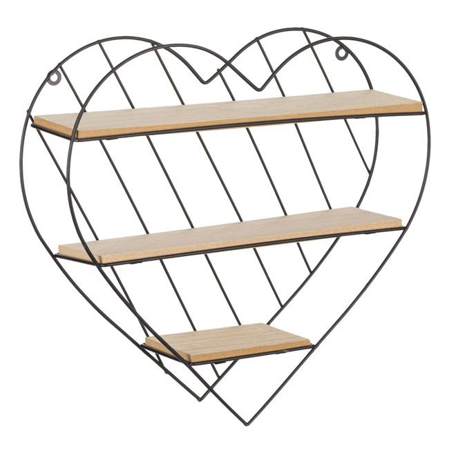 Raft decorativ din lemn si metal in forma de inima, 33.5x9.5x32 cm