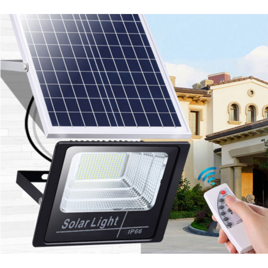 Proiector solar 125 LED, putere 80 W, cu panou solar si telecomanda