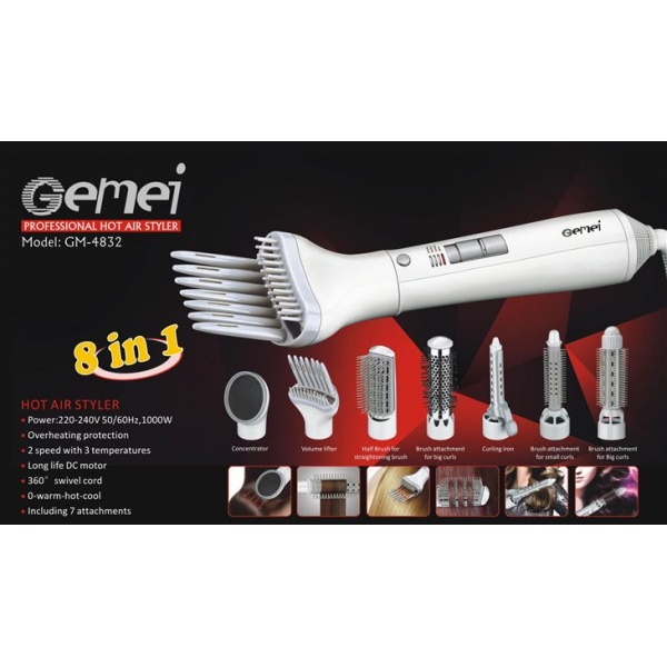 Set coafat 7 in 1 Gemei GM-4832, 1000 W, 7 capete interschimbabile, Alb