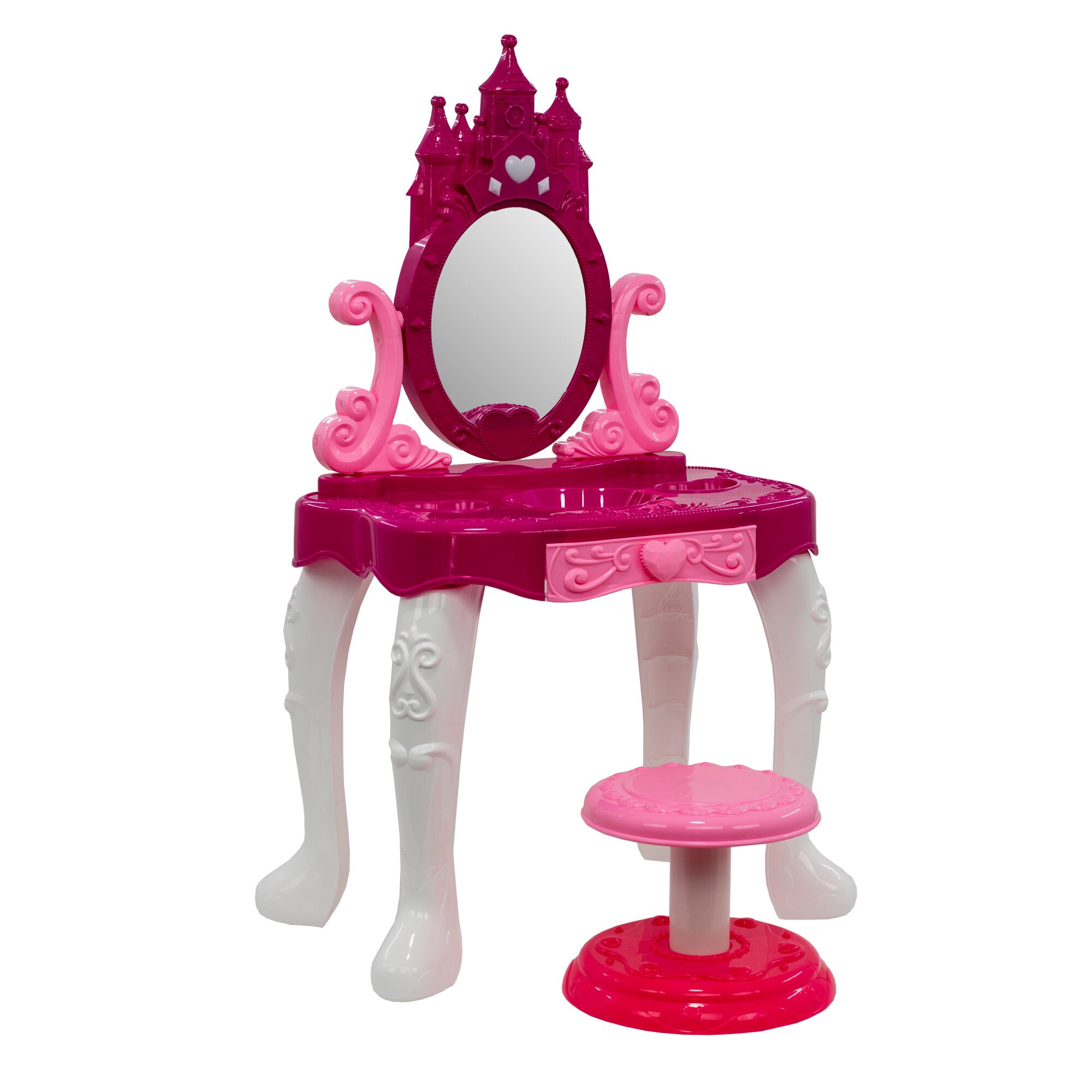 Set jucarie: Masa de machiaj cu oglinda, scaun si accesorii