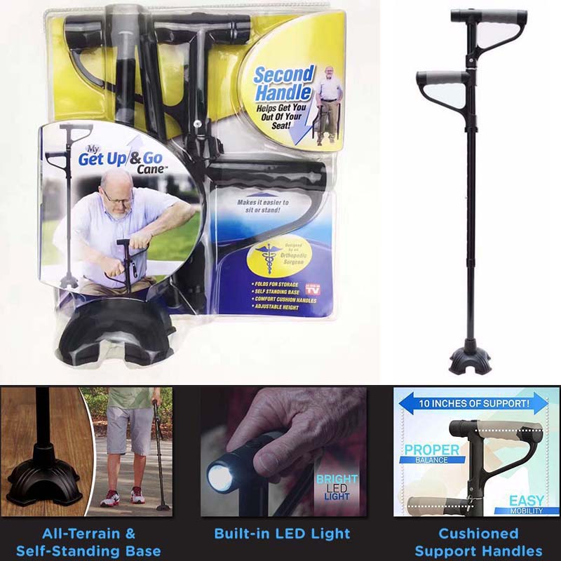 Baston de sprijin cu 2 manere Get Up. Reglabil. Pliabil. Lanterna 3 led.
