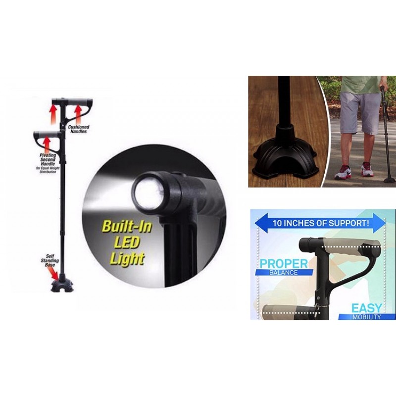 Baston de sprijin cu 2 manere Get Up. Reglabil. Pliabil. Lanterna 3 led.