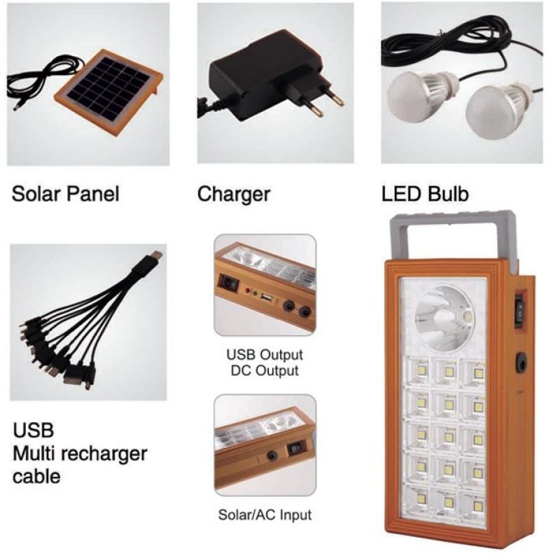 Kit lampa LED cu panou solar 1+15 LED SMD, USB, 2 becuri