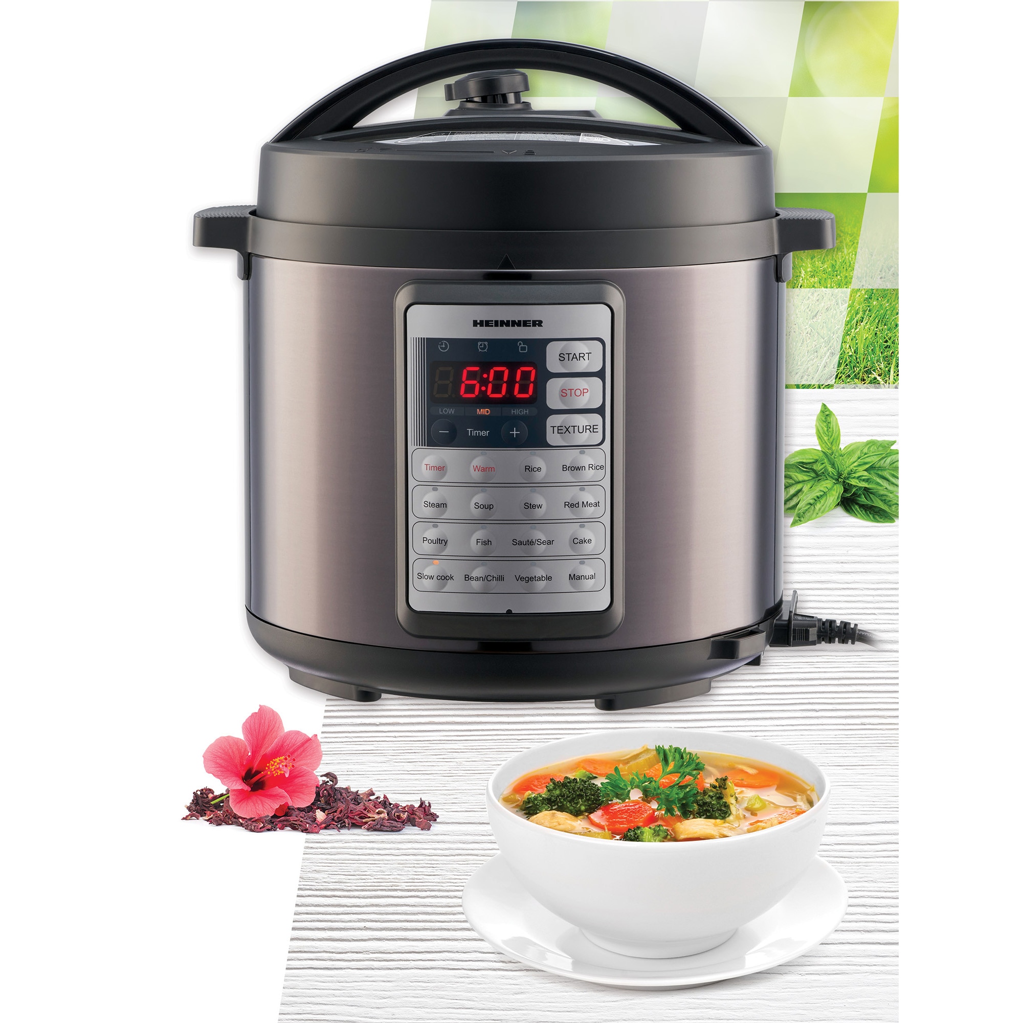 Multicooker cu gatire sub presiune Heinner 1000W, 5.7l, 14 programe