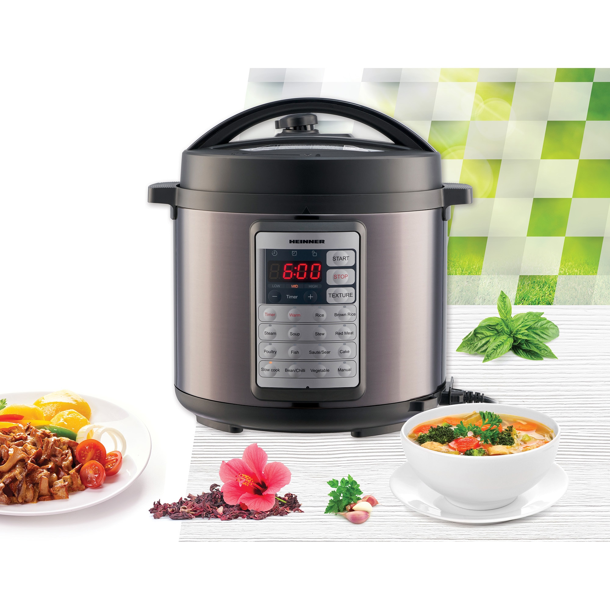 Multicooker cu gatire sub presiune Heinner 1000W, 5.7l, 14 programe