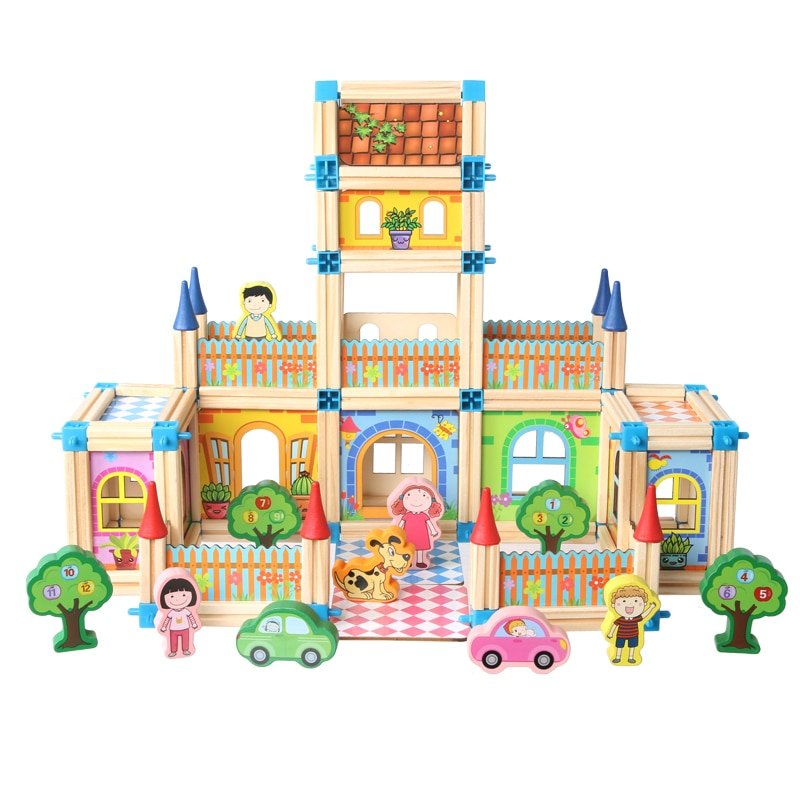 Set cuburi constructie din lemn 128 piese, Micul Arhitect