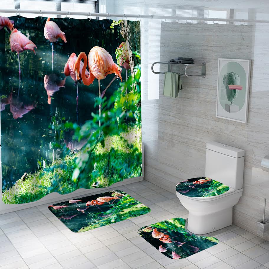 Set pentru baie: perdea, covorase si husa de toaleta, Flamingo