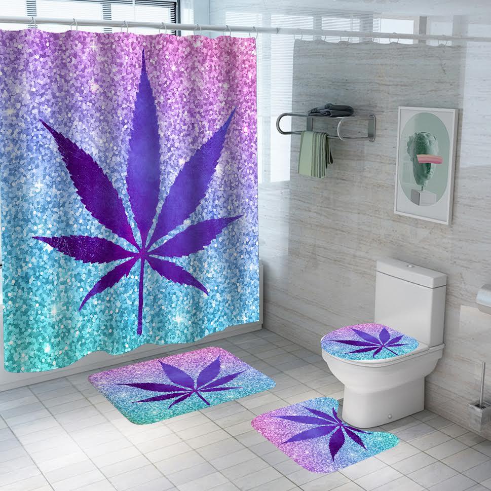 Set pentru baie: perdea, covorase si husa de toaleta, Purple Leaf
