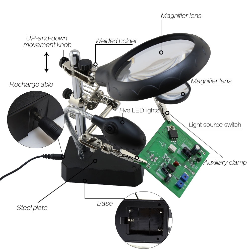 Set lupa cu LED cu stand de lipit si sudare, Andowl Q-GJ5