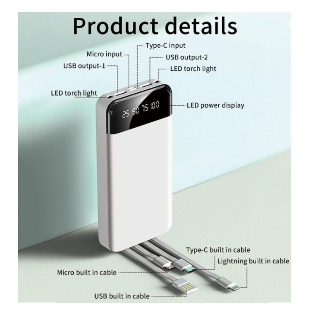 Baterie externa cu display si 4 tipuri de cablu, 30.000 mAh