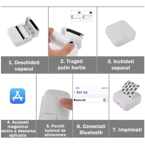 Mini imprimanta pentru telefon + 3 role de hartie termica, Alb cu verde