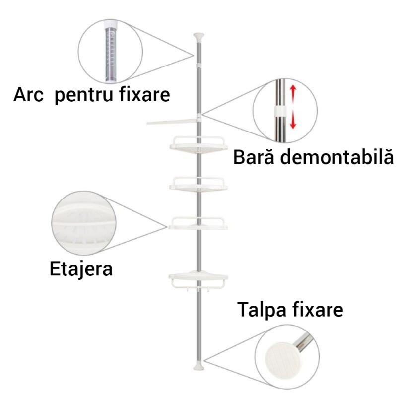 Etajera telescopica pentru baie, 4 rafturi, 100-260 cm