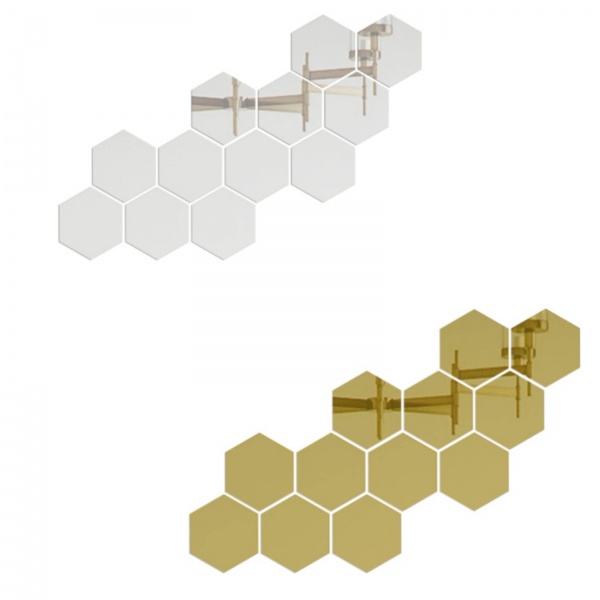 Set 10 stickere hexagon tip oglinda, 7 cm, Auriu/Argintiu