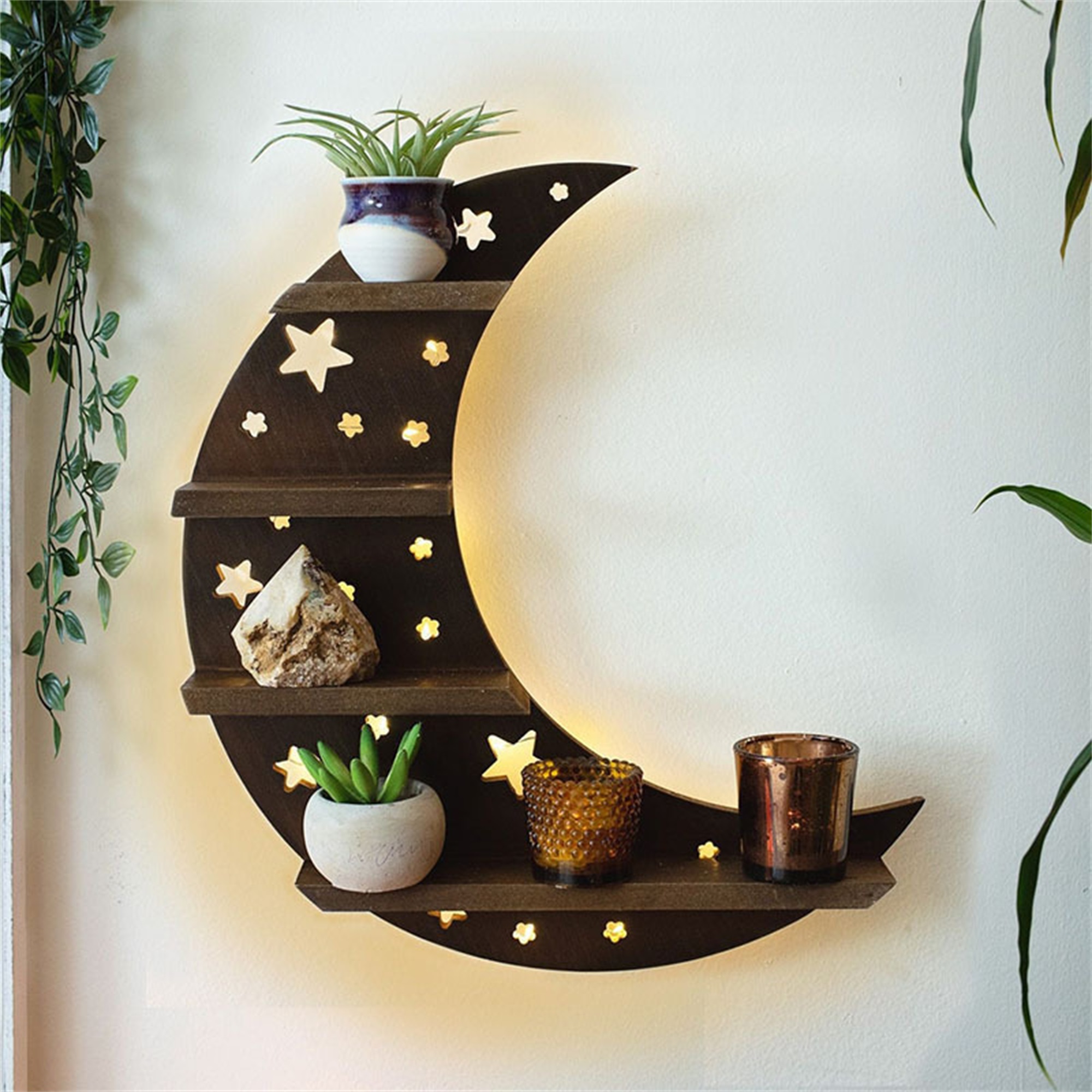 Etajera decorativa cu LED, lemn, Moon