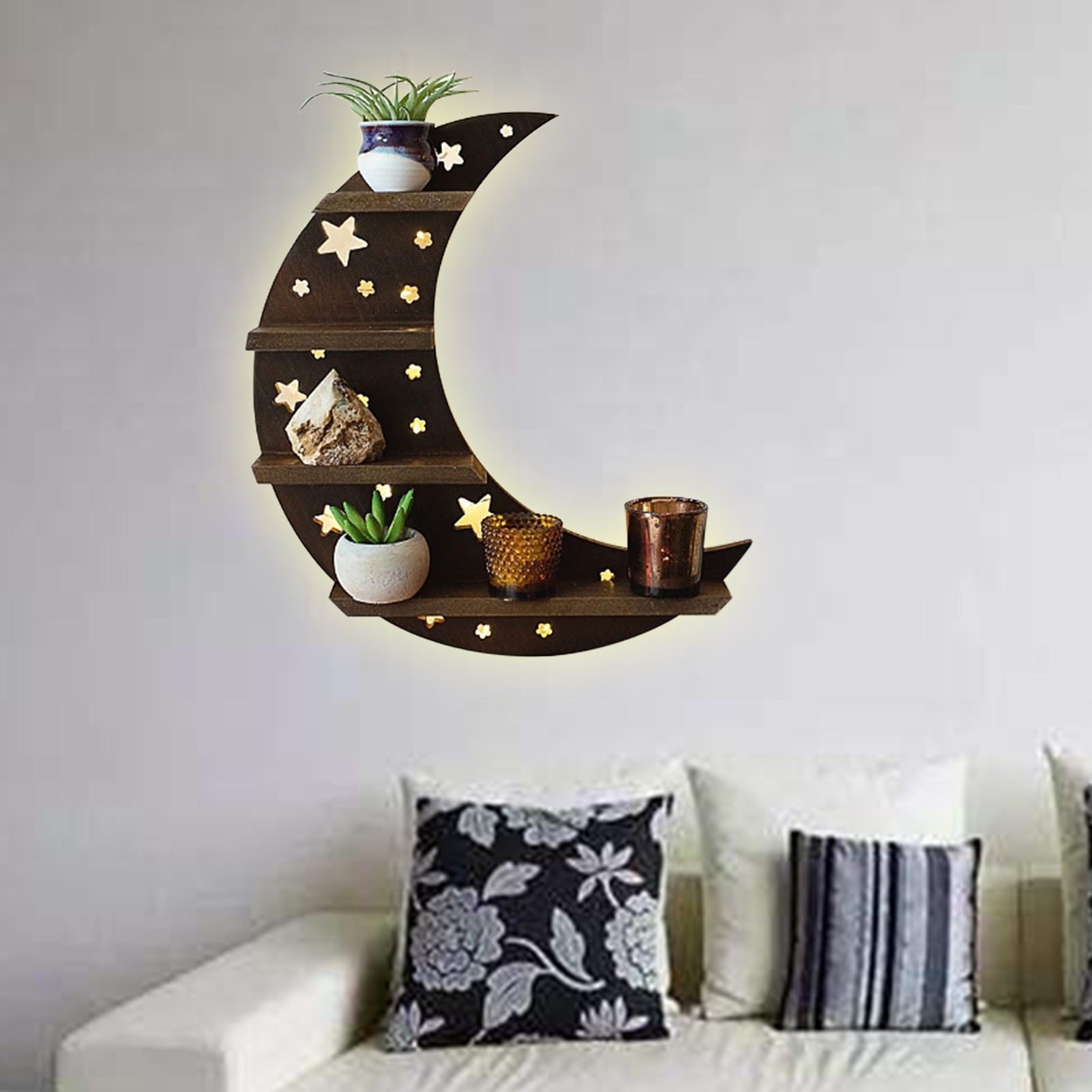 Etajera decorativa cu LED, lemn, Moon
