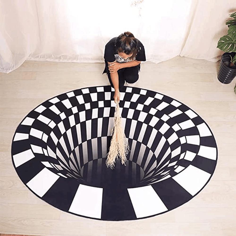 Covor alb/negru cu iluzie 3D, diametru 90 cm