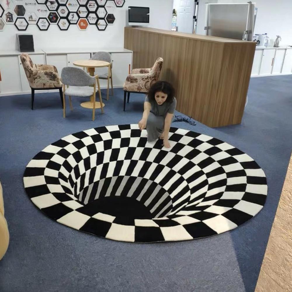 Covor alb/negru cu iluzie 3D, diametru 90 cm