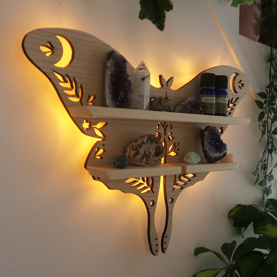 Etajera decorativa cu LED, lemn, Butterfly