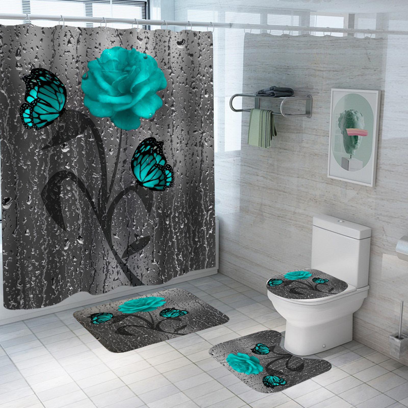 Set pentru baie: perdea, covorase si husa de toaleta, Blue Rose
