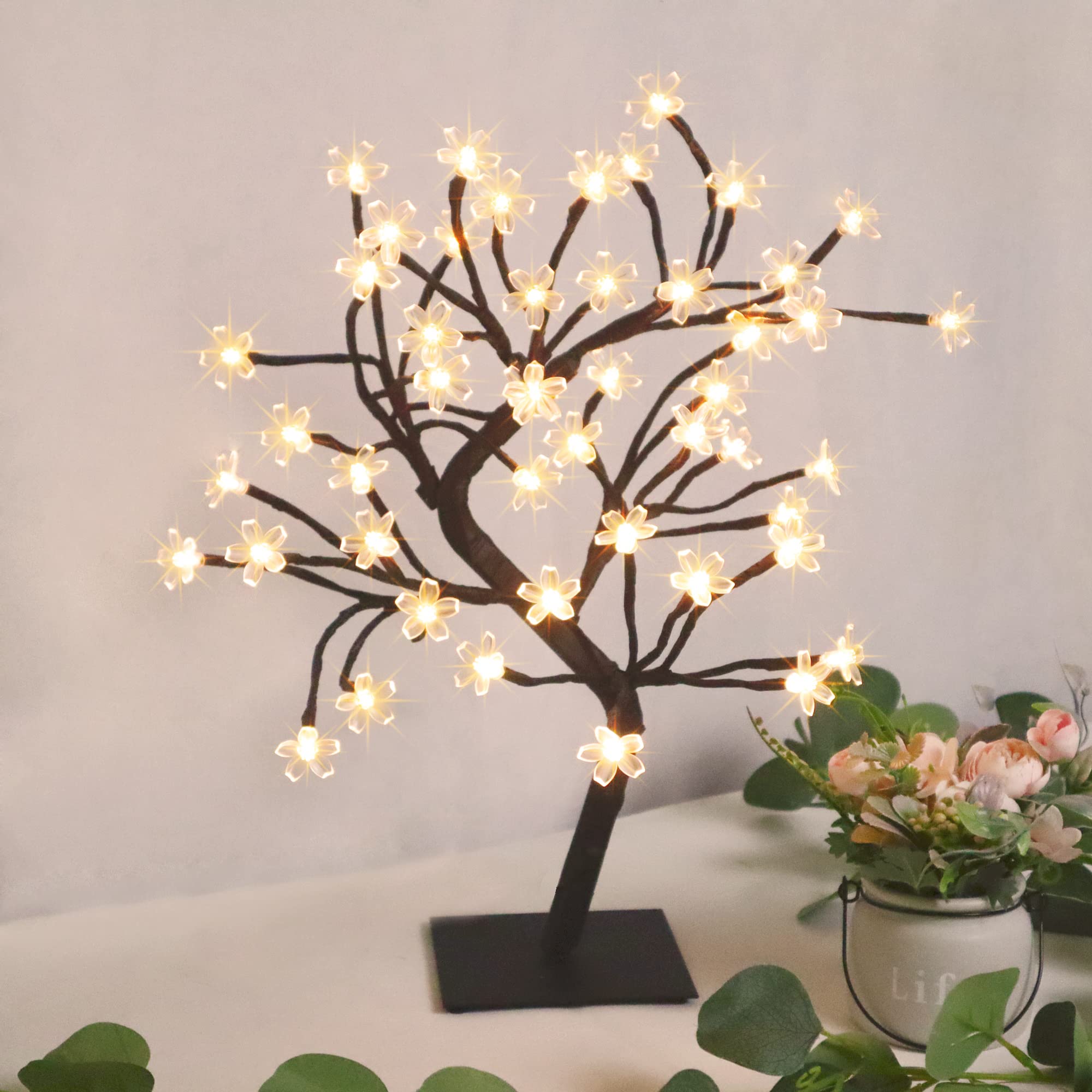 Copac decorativ cu flori de cires, 28 LED, Alb cald
