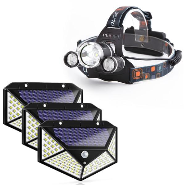 Set 3 lampi solare 100 LED + Lanterna frontala 3 LED