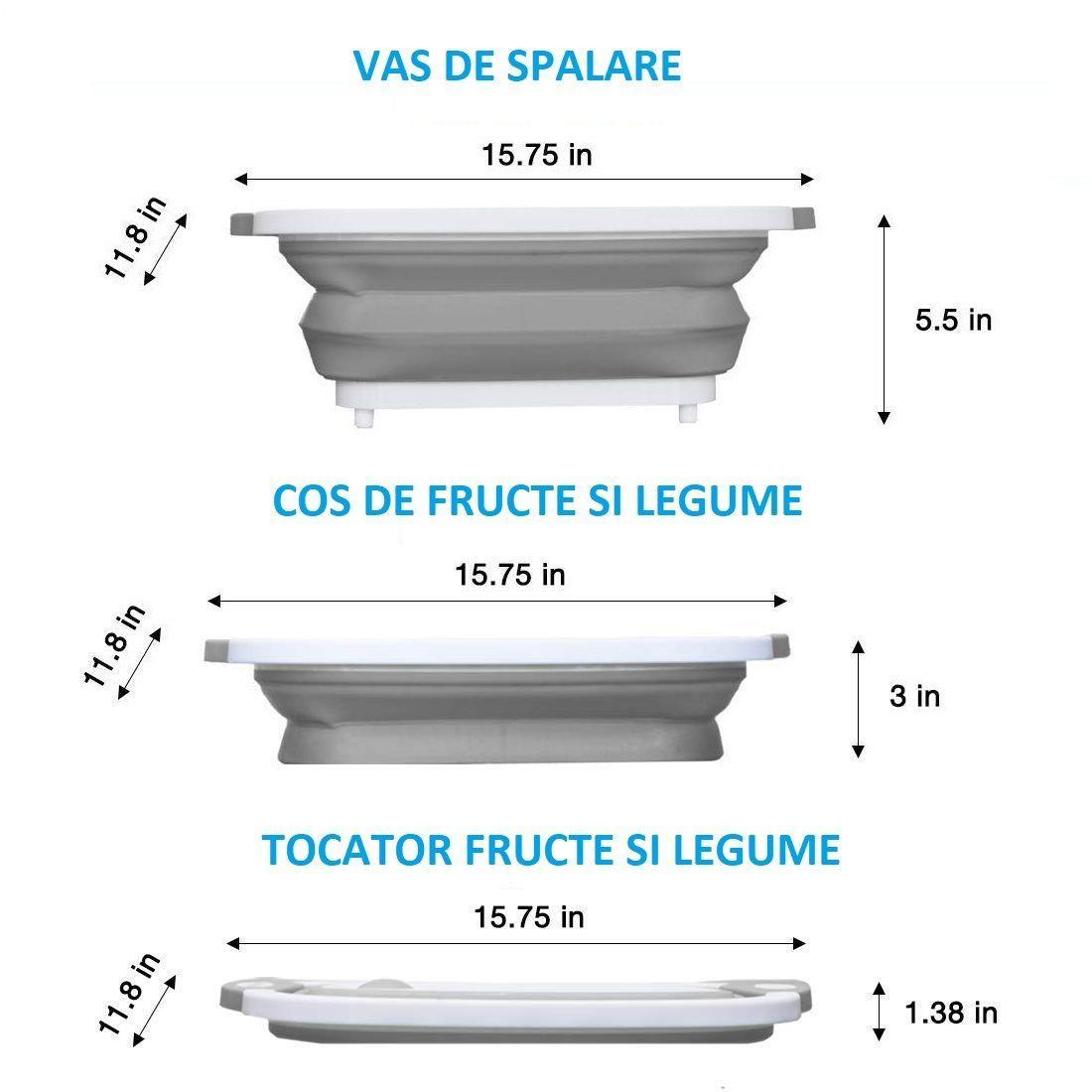 Tocator multifunctional, pliabil, cu dop, 40 x 30 x 3 cm, culoare alb/gri