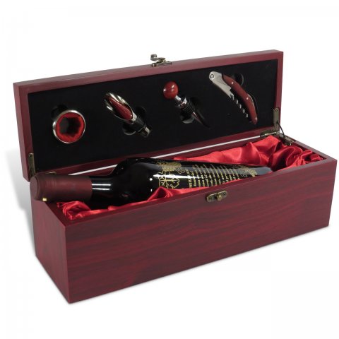 Cutie lemn pentru sticla de vin cu 4 accesorii