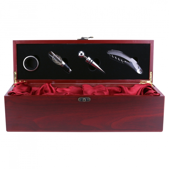 Cutie lemn pentru sticla de vin cu 4 accesorii