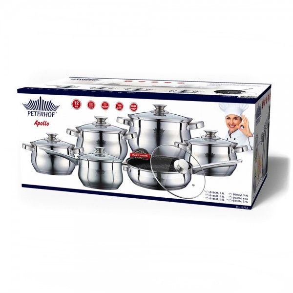 Set Peterhof 12 piese: oale si cratite din inox + capace de sticla termorezistente